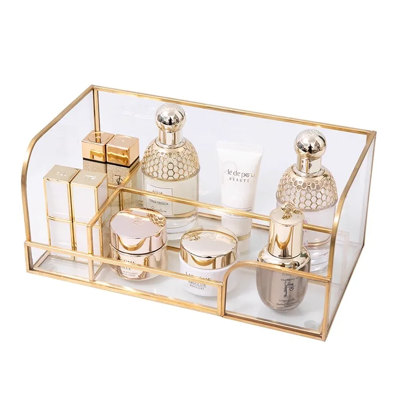 Luxury Skincare Tools - ライトラグジュアリーデスクトップコスメティックオーガナイザー メイクアップツール スキンケア製品棚 透明ガラス 大容量収納ボックス